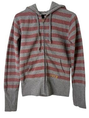 Obey Y2K Striped Zip Hoodie Thumbhole Jacket Gray Burgundy Medium Streetwear